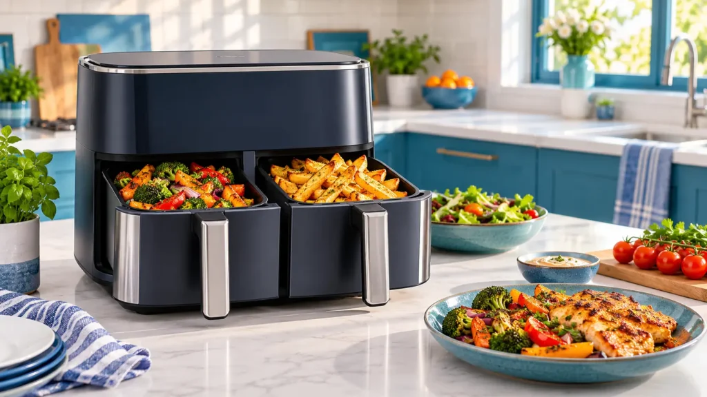 Dual-basket air fryer with a family meal in a bright kitchen