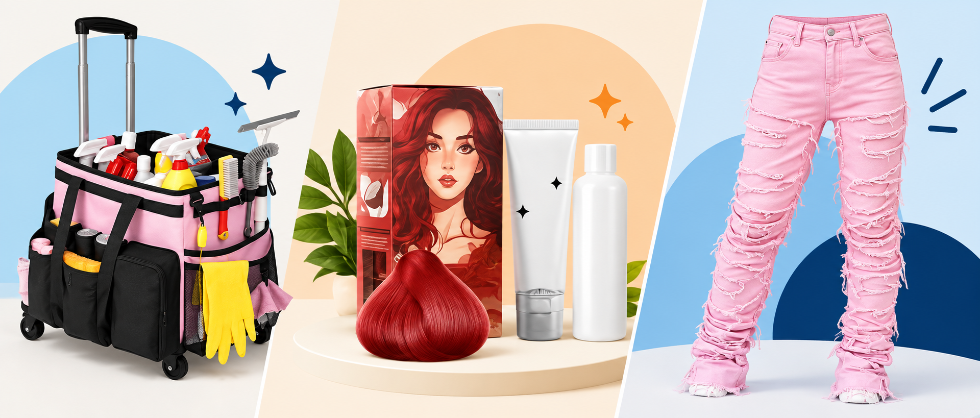 Illustration of a rolling cleaning caddy, red hair dye kit, and pink distressed pants