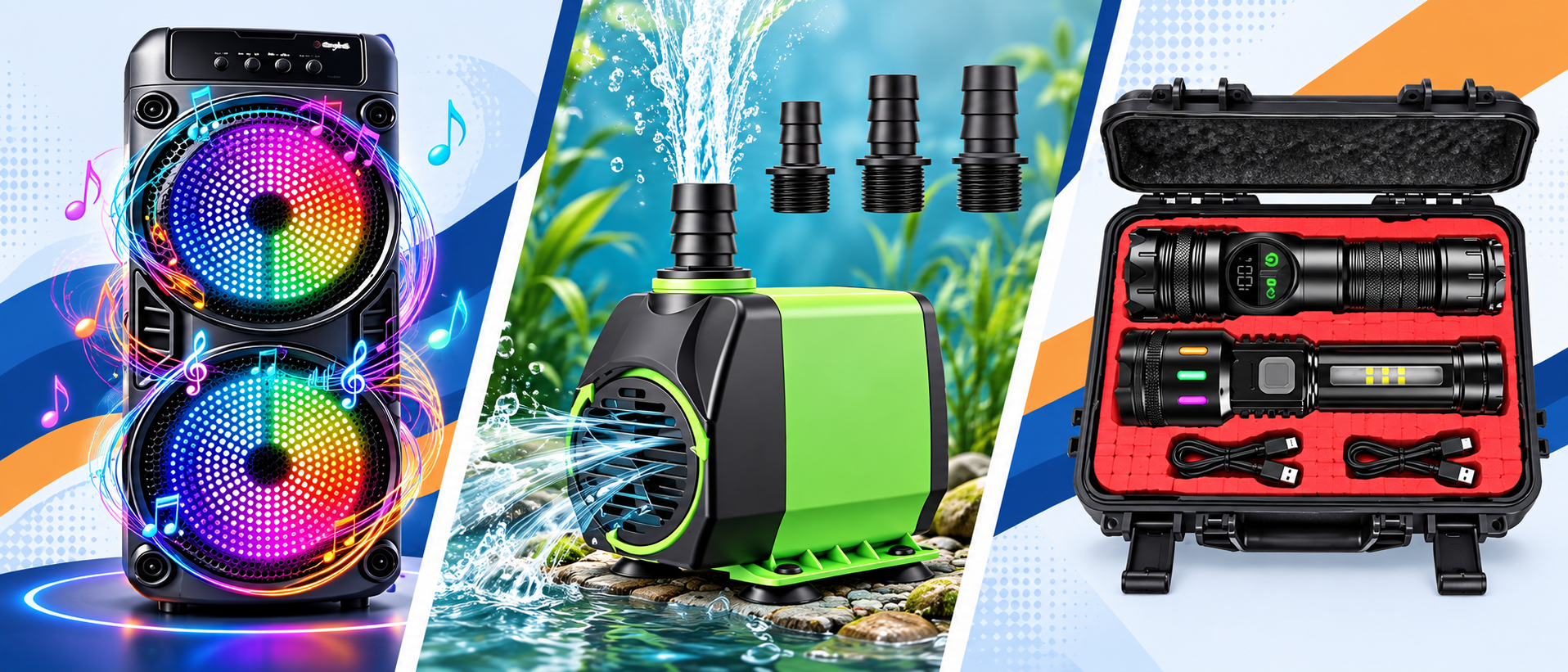 Illustration of a lighted Bluetooth speaker, submersible fountain pump, and two-flashlight set