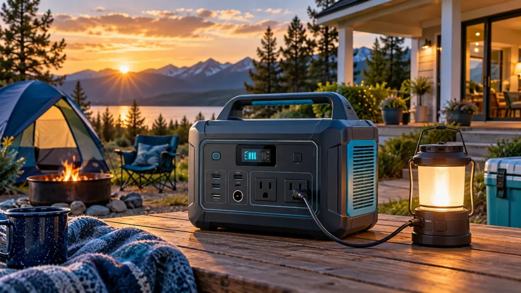 Portable power station powering a lantern at a campsite