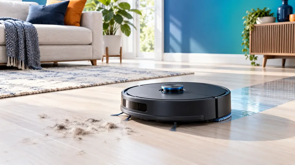 Robot vacuum cleaning pet hair and mopping a bright living room